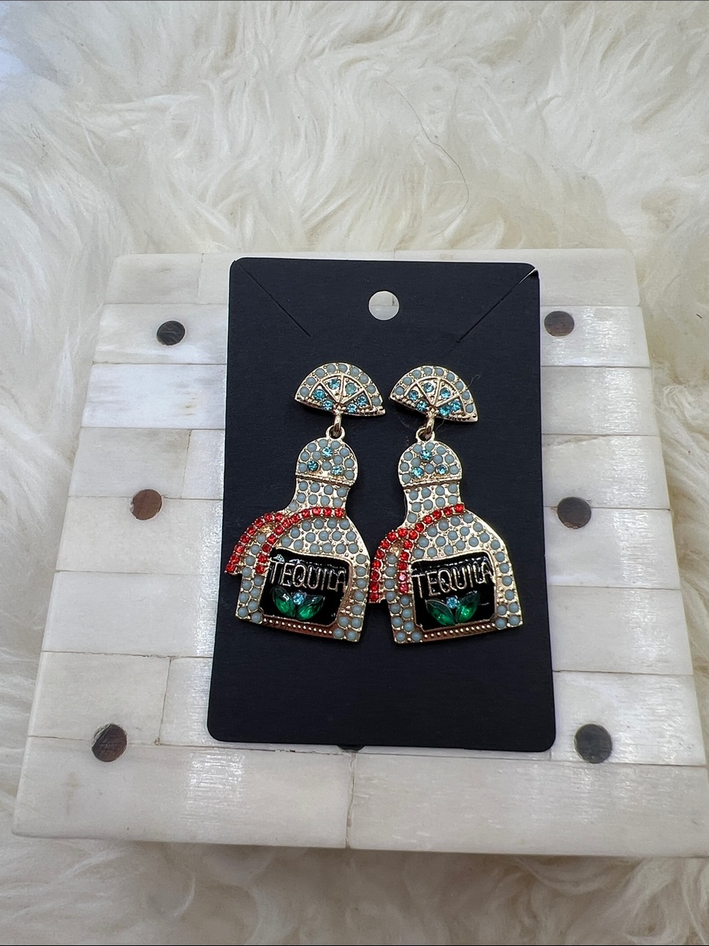 Tequila Bottle Statement Earrings - Multicolor Crystal Drop